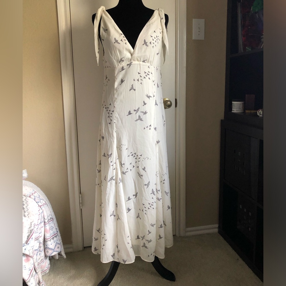 H&M White Maxi Dress with Gray Bird Print and Tie Straps